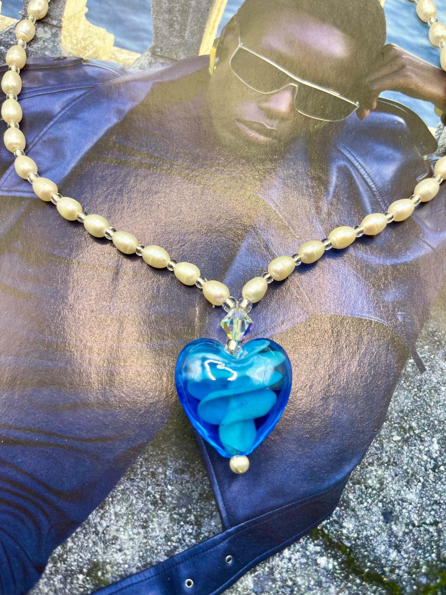 Pearl and blue crystal necklace