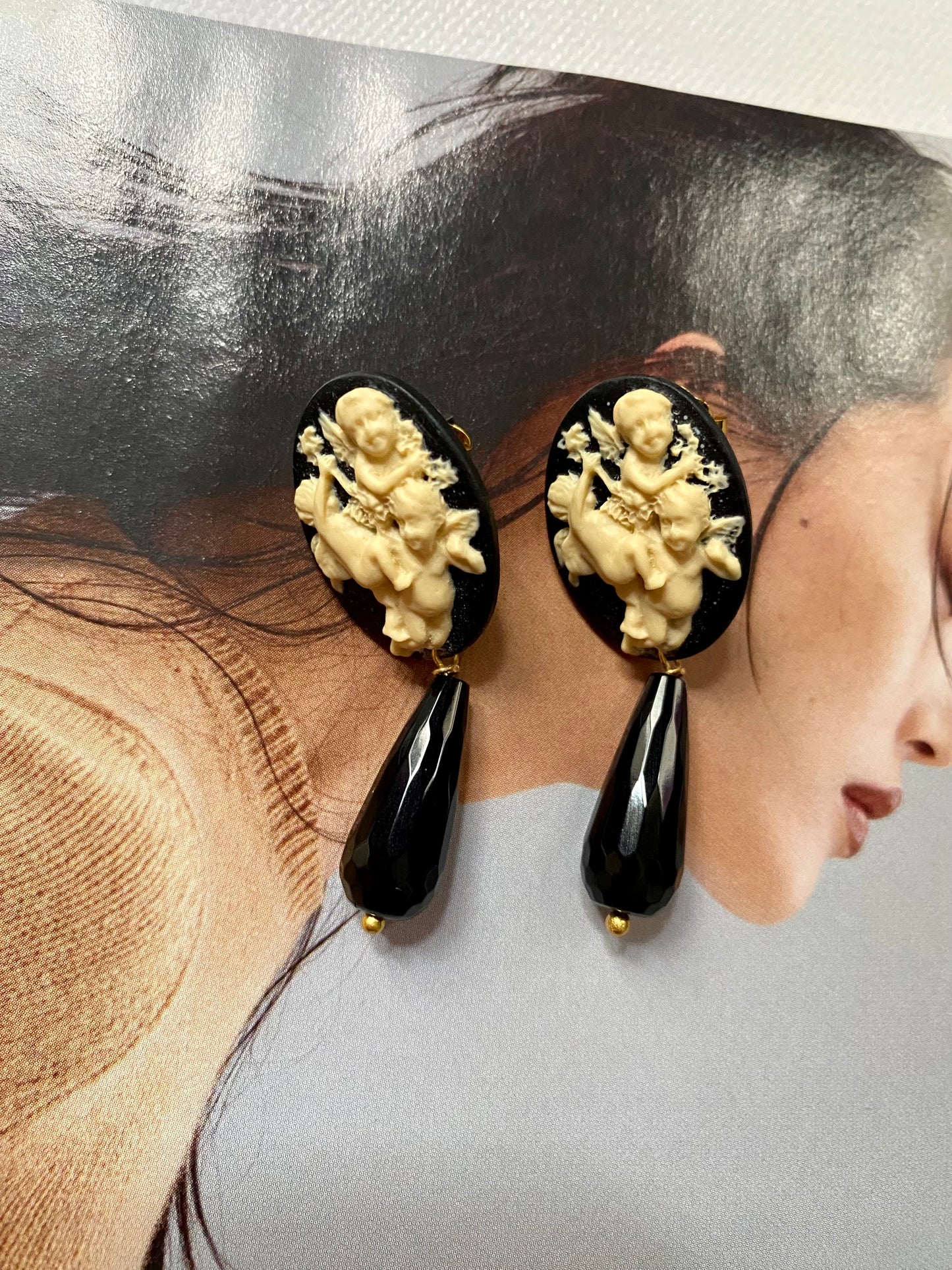 Cameo and onyx earrings